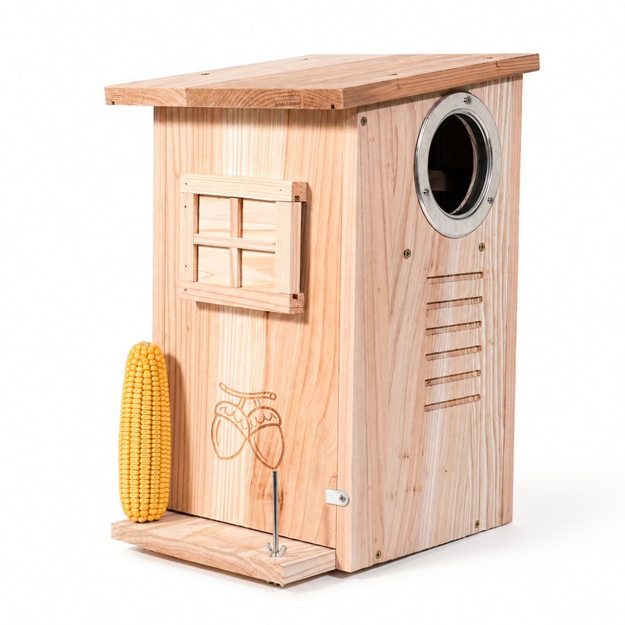 Wooden Squirrel House with Dual Corn Feeder