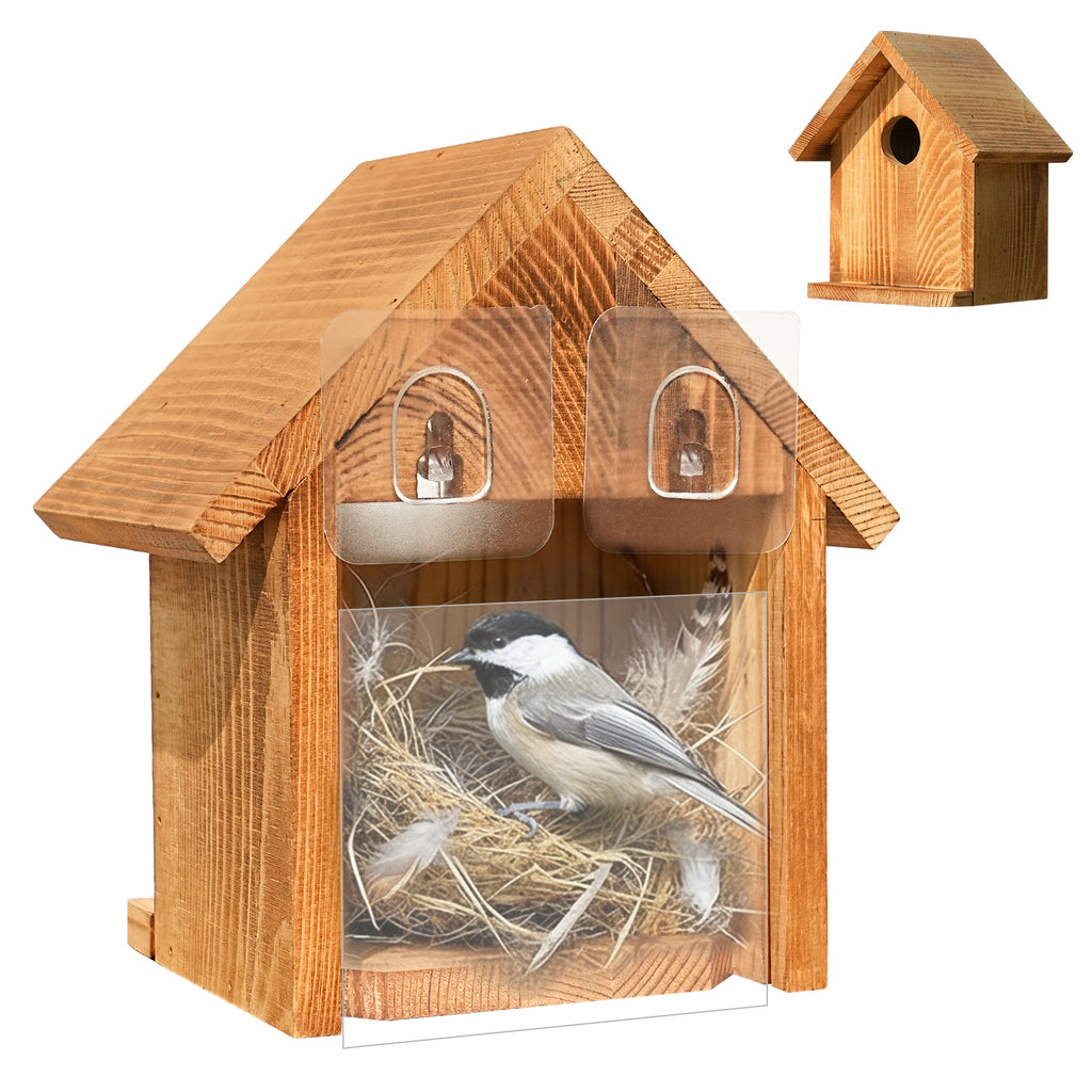 Window-Mounted Wooden Birdhouse with Viewing Panel