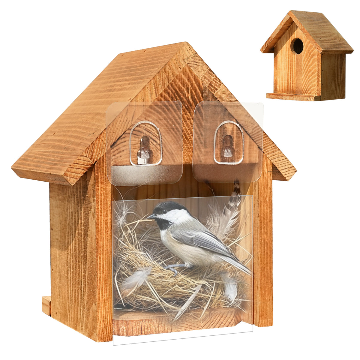 Window-Mounted Wooden Birdhouse with Viewing Panel