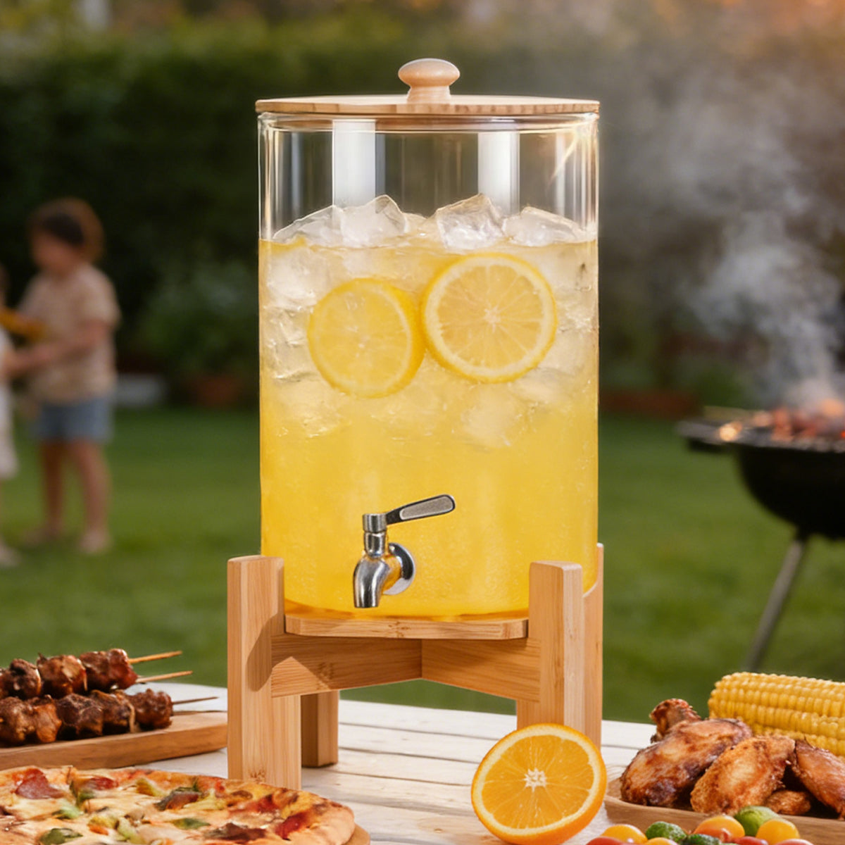 2.2-Gallon Glass Beverage Dispenser Set with Wood Stand