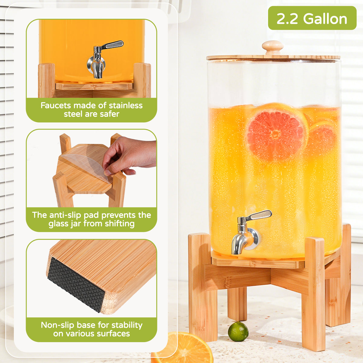 2.2-Gallon Glass Beverage Dispenser Set with Wood Stand