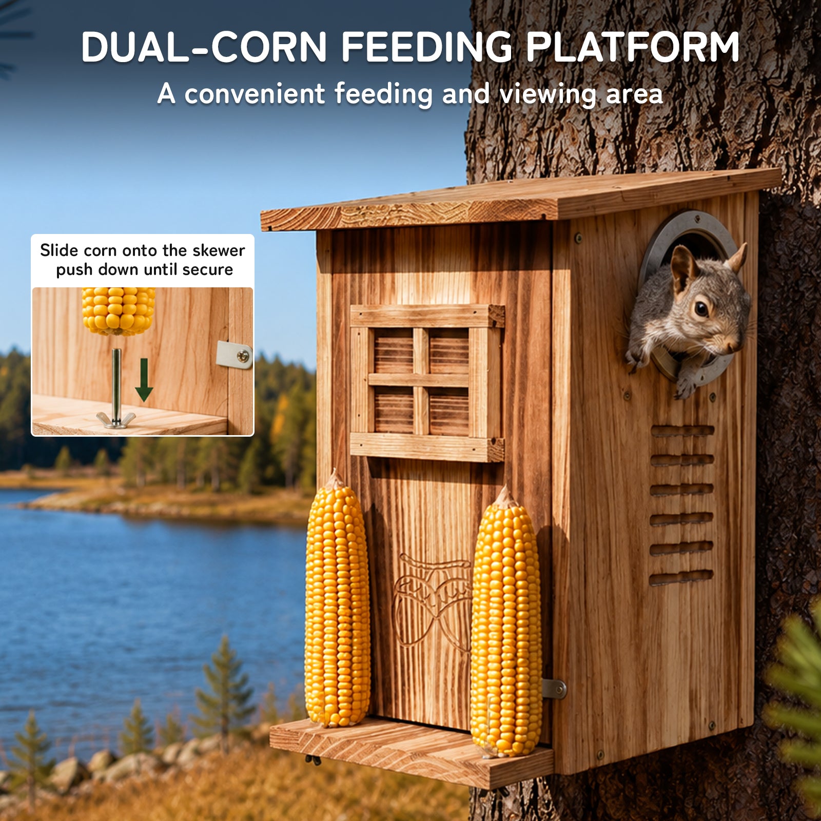 Wooden Squirrel House with Dual Corn Feeder