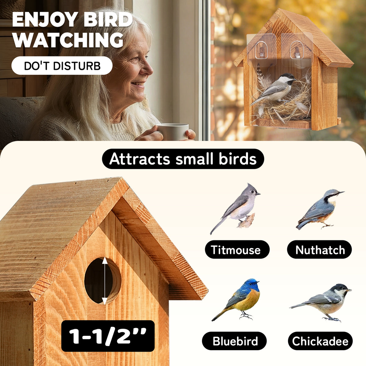 Window-Mounted Wooden Birdhouse with Viewing Panel
