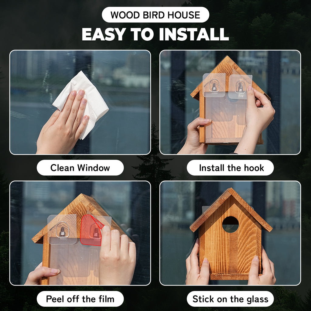 Window-Mounted Wooden Birdhouse with Viewing Panel