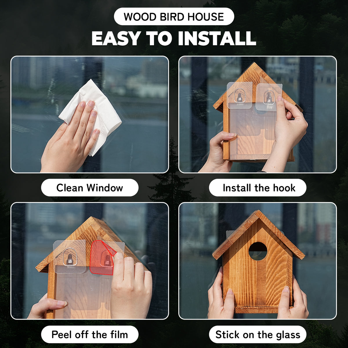 Window-Mounted Wooden Birdhouse with Viewing Panel