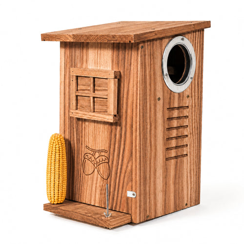 Wooden Squirrel House with Dual Corn Feeder