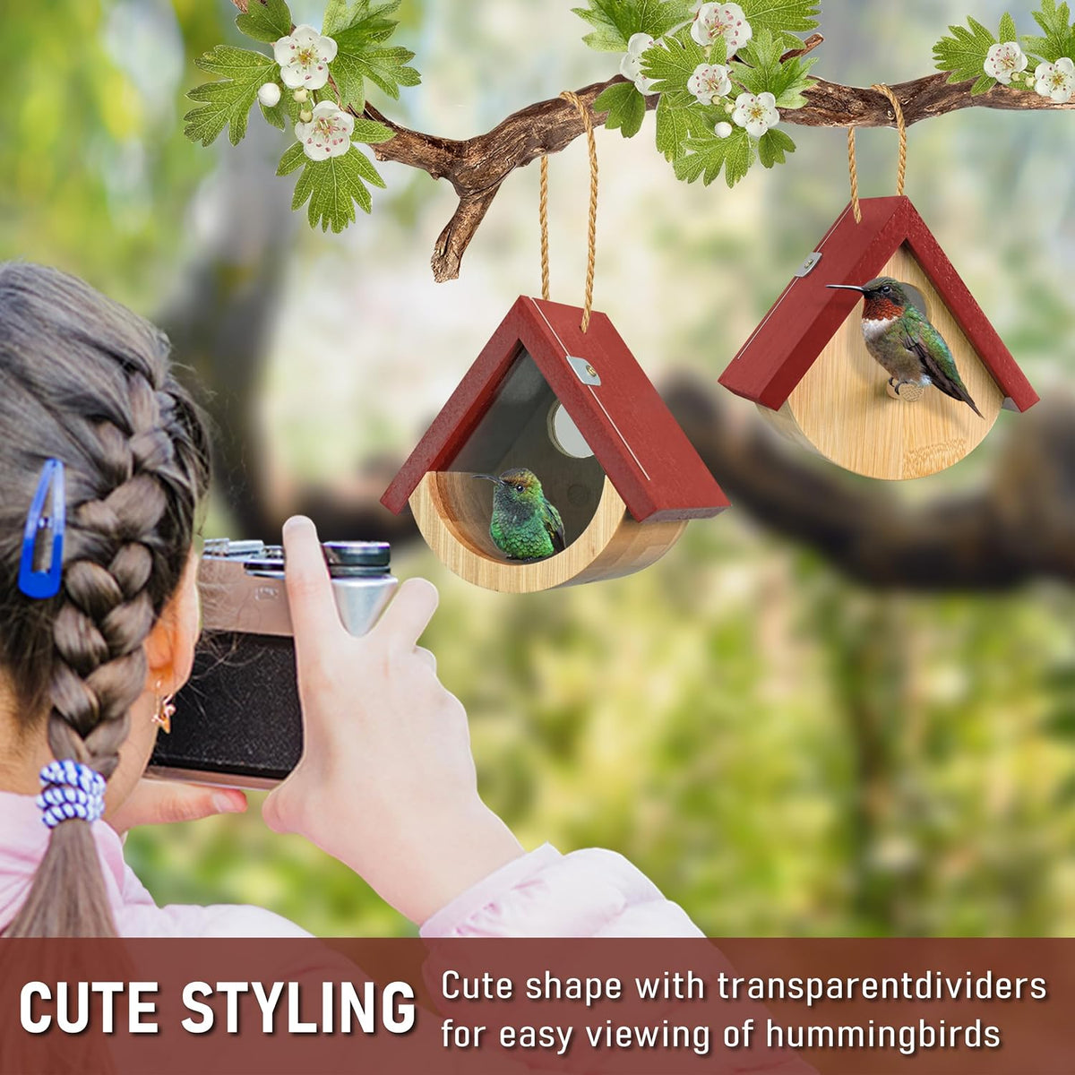 2-Pack Wooden Hummingbird Houses with Viewing Window