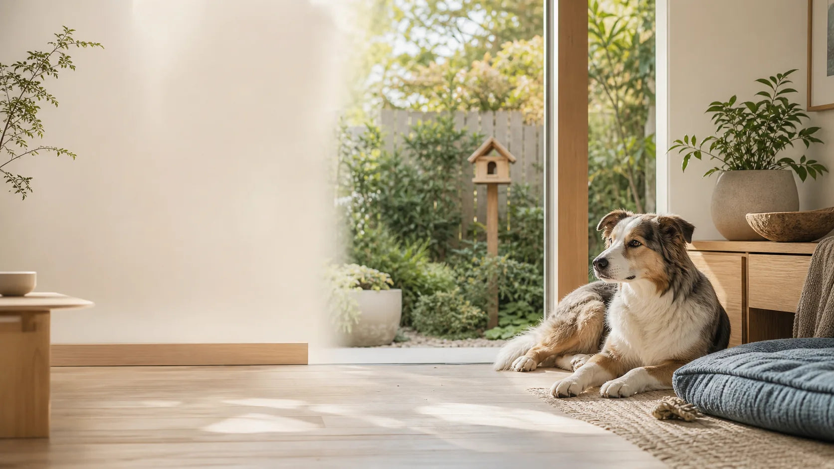 A warm, considered home shared with a dog and a view into the garden